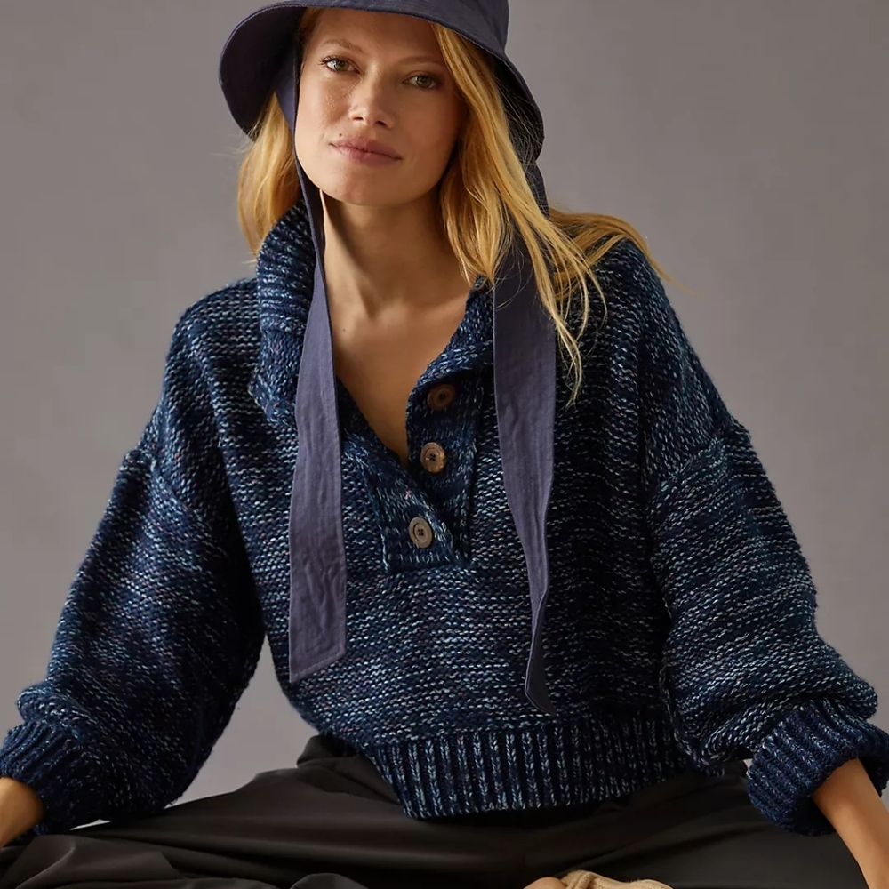 Anthropologie Pilcro‎ Mega Henley Sweater Small Navy Blue Pullover Button Cozy